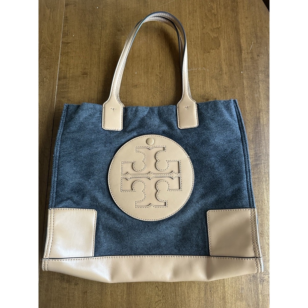 TORY BURCH Wool Leather Logo Hand Tote Bag Women Gray